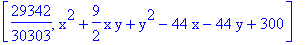 [29342/30303, x^2+9/2*x*y+y^2-44*x-44*y+300]